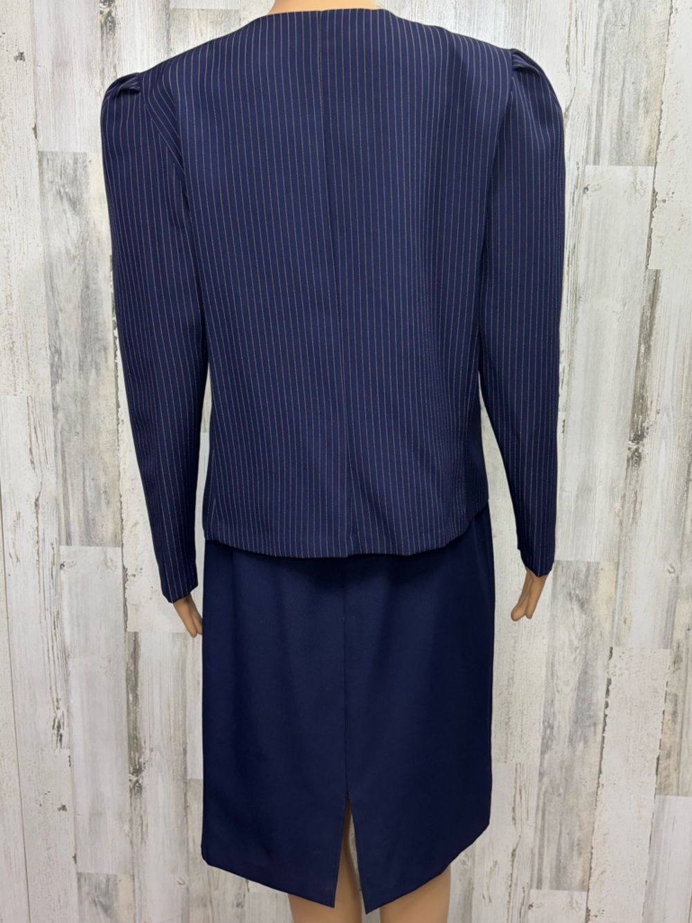 Good Times Vintage 80’s Navy Pinstripe Double-Breasted Skirt Suit - Picture 5 of 10